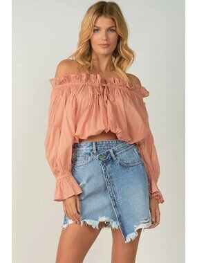 Elan Peach Off-The-Shoulder Cotton Cottage boho Core Ruffle Blouse Womens M